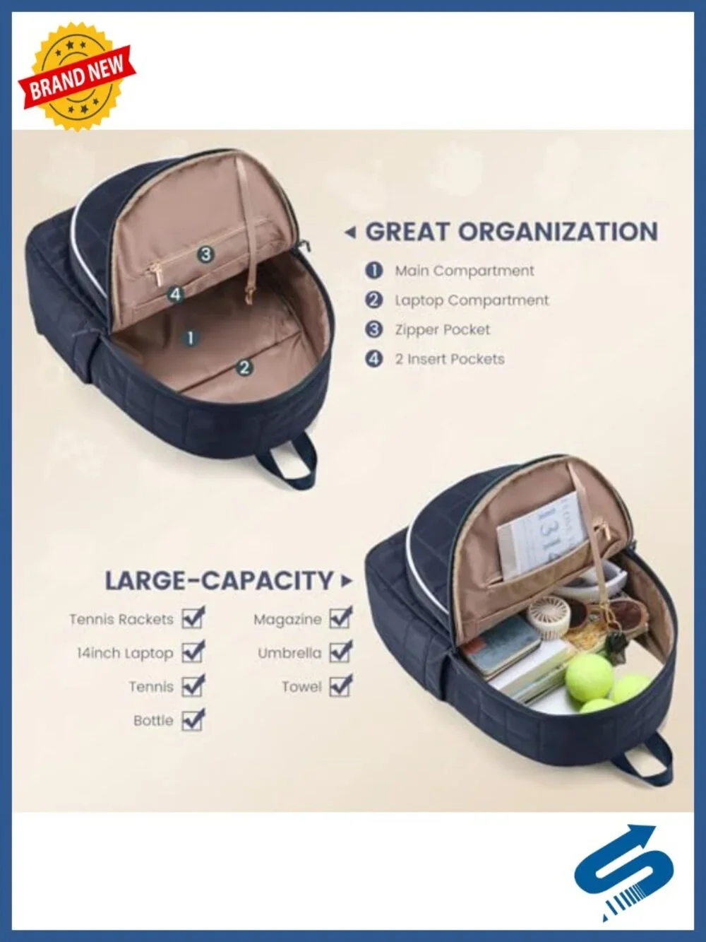 Quilted Tennis Racket Backpack for Women, Lightweight Polyester Pickleball Bag